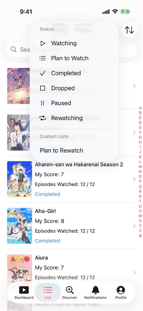 Screenshot of the List page