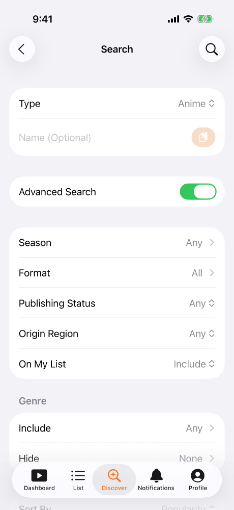 Screenshot of the search page with advanced options shown