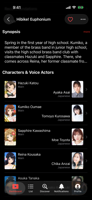 Screenshot of the details page, showing cast section