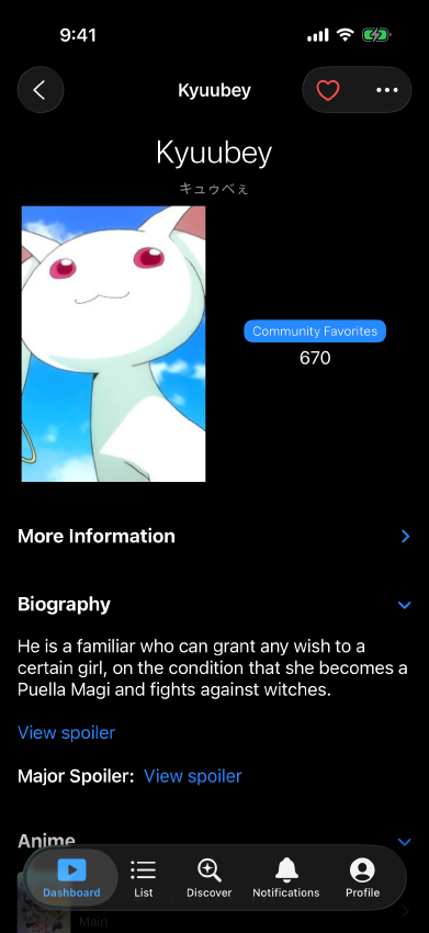 Screenshot of the character detail page